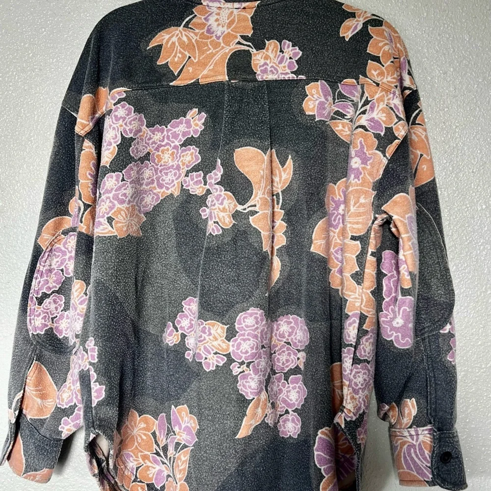 Free People Ruby, Charcoal Floral Button-Up Shacket with Peach & Lavender Prints - Picture 2 of 12